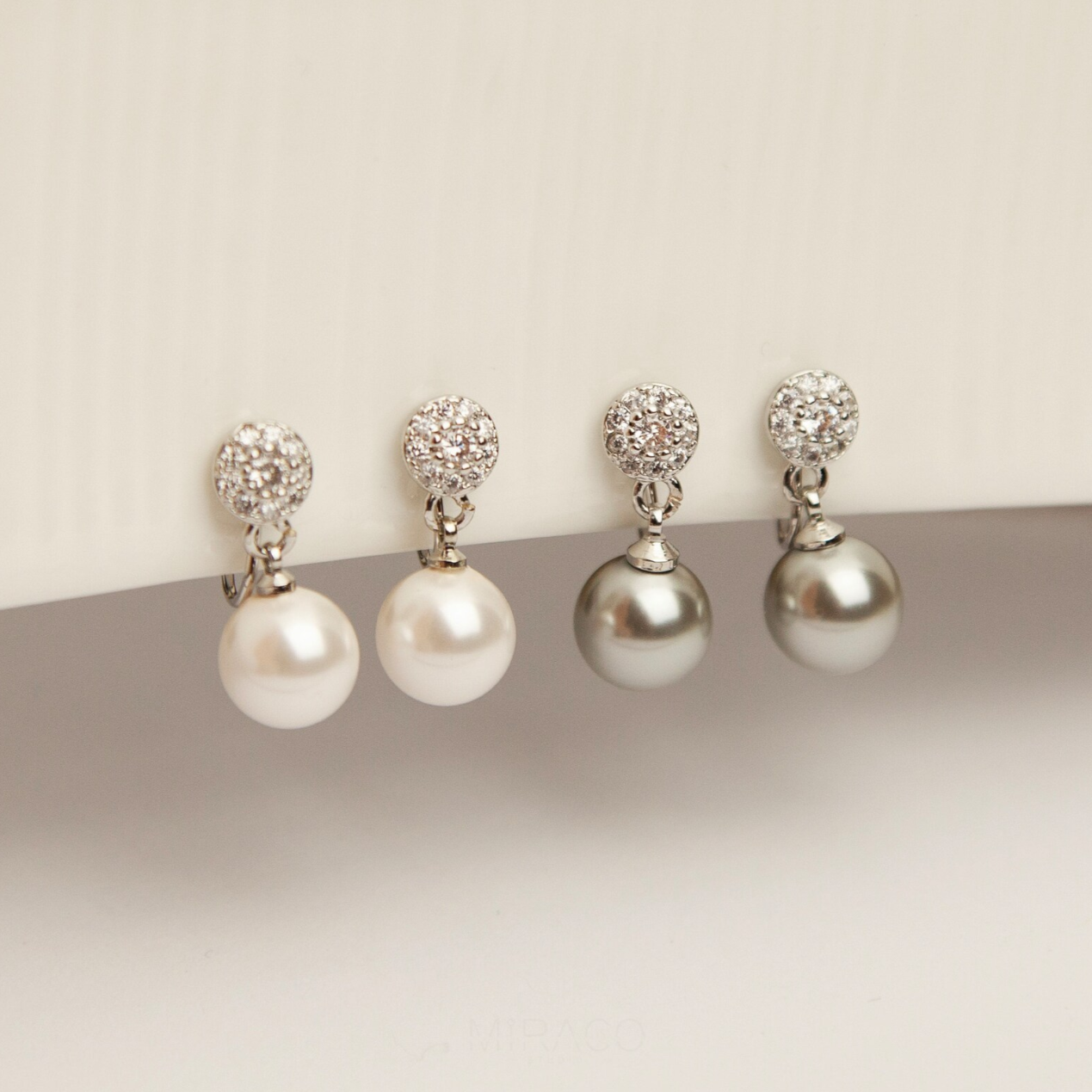 Pearls Dangle Clip On Earrings with Silver Round Pave Diamond, Bridesmaids CZ Crystals Dangle Pearls Non Pierced Earrings