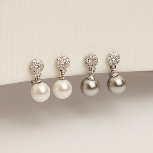 Pearls Dangle Clip On Earrings with Silver Round Pave Diamond, Bridesmaids CZ Crystals Dangle Pearls Non Pierced Earrings