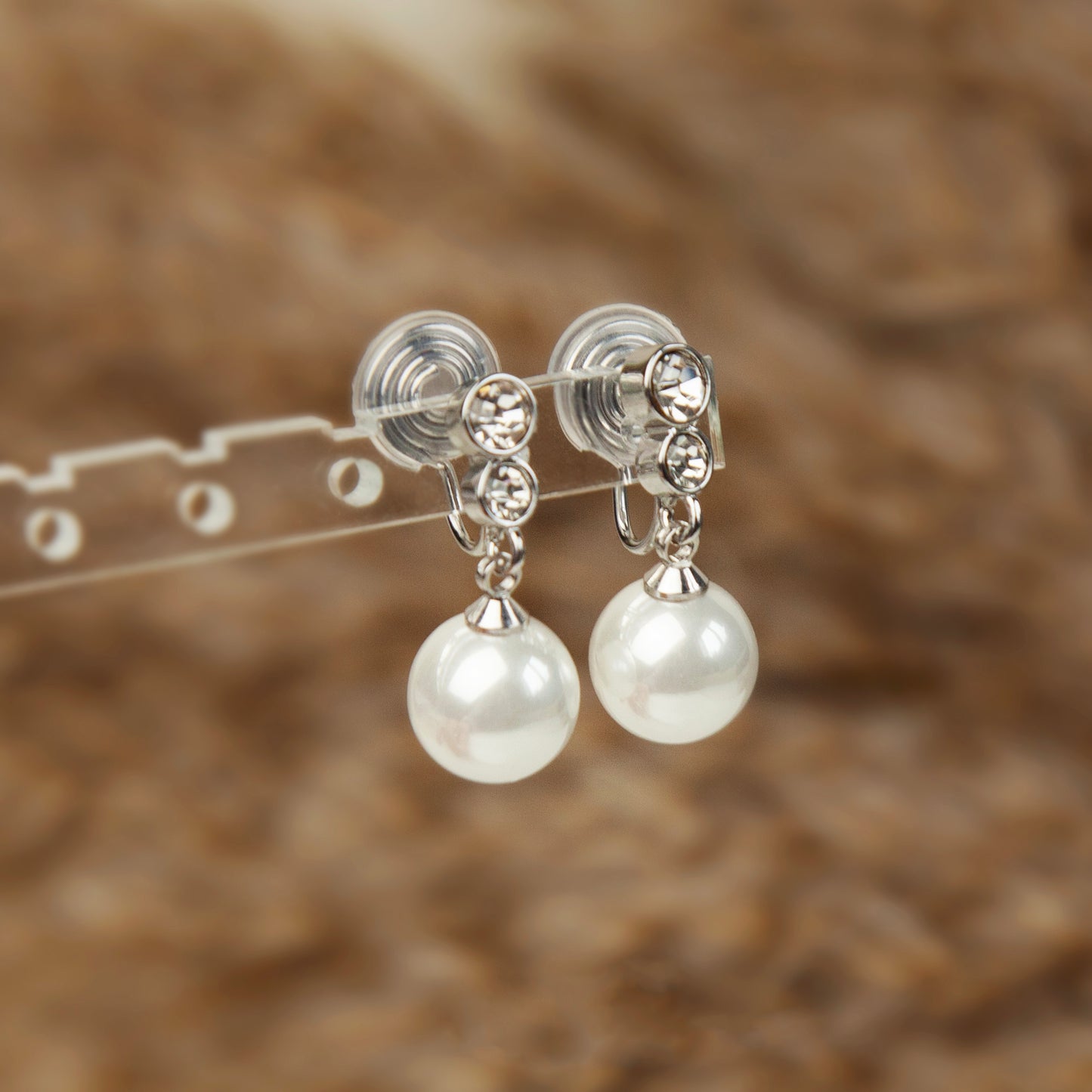 Pearls Dangle Clip On Earrings With CZ, White Pearl Drop Earring, Silver Pearls Crystal Non Pierced Earring, Wedding Bridal Pearl Earrings