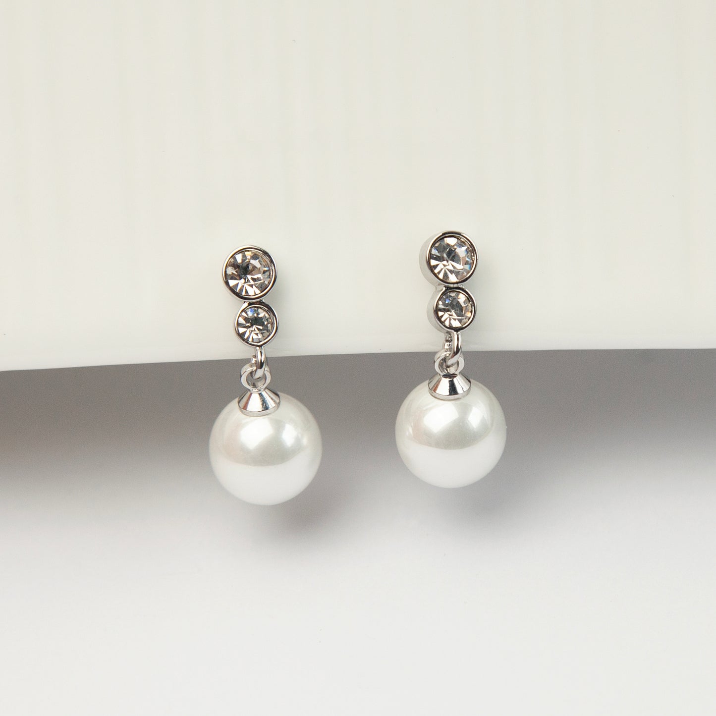 Pearls Dangle Clip On Earrings With CZ, White Pearl Drop Earring, Silver Pearls Crystal Non Pierced Earring, Wedding Bridal Pearl Earrings