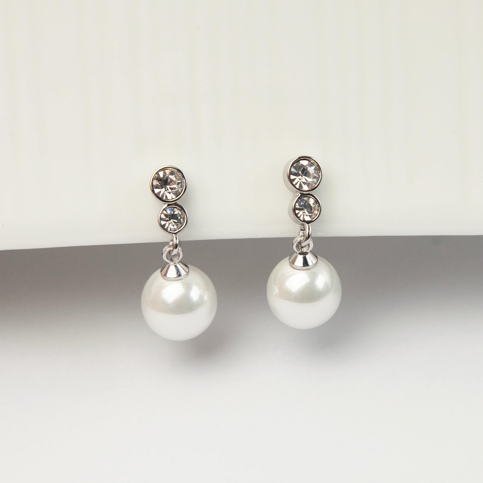 Pearls Dangle Clip On Earrings With CZ, White Pearl Drop Earring, Silver Pearls Crystal Non Pierced Earring, Wedding Bridal Pearl Earrings