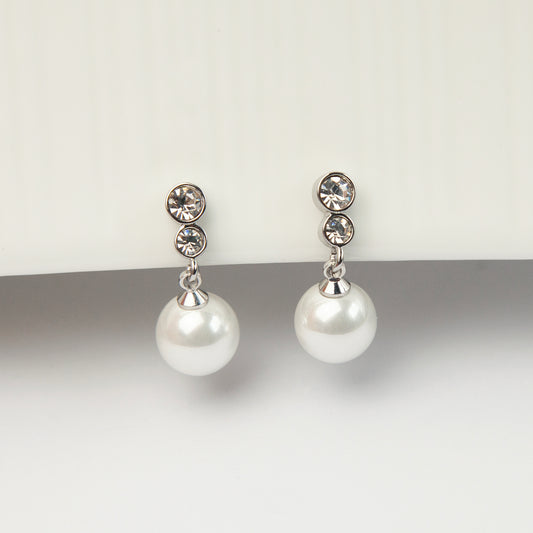 Pearls Dangle Clip On Earrings With CZ, White Pearl Drop Earring, Silver Pearls Crystal Non Pierced Earring, Wedding Bridal Pearl Earrings