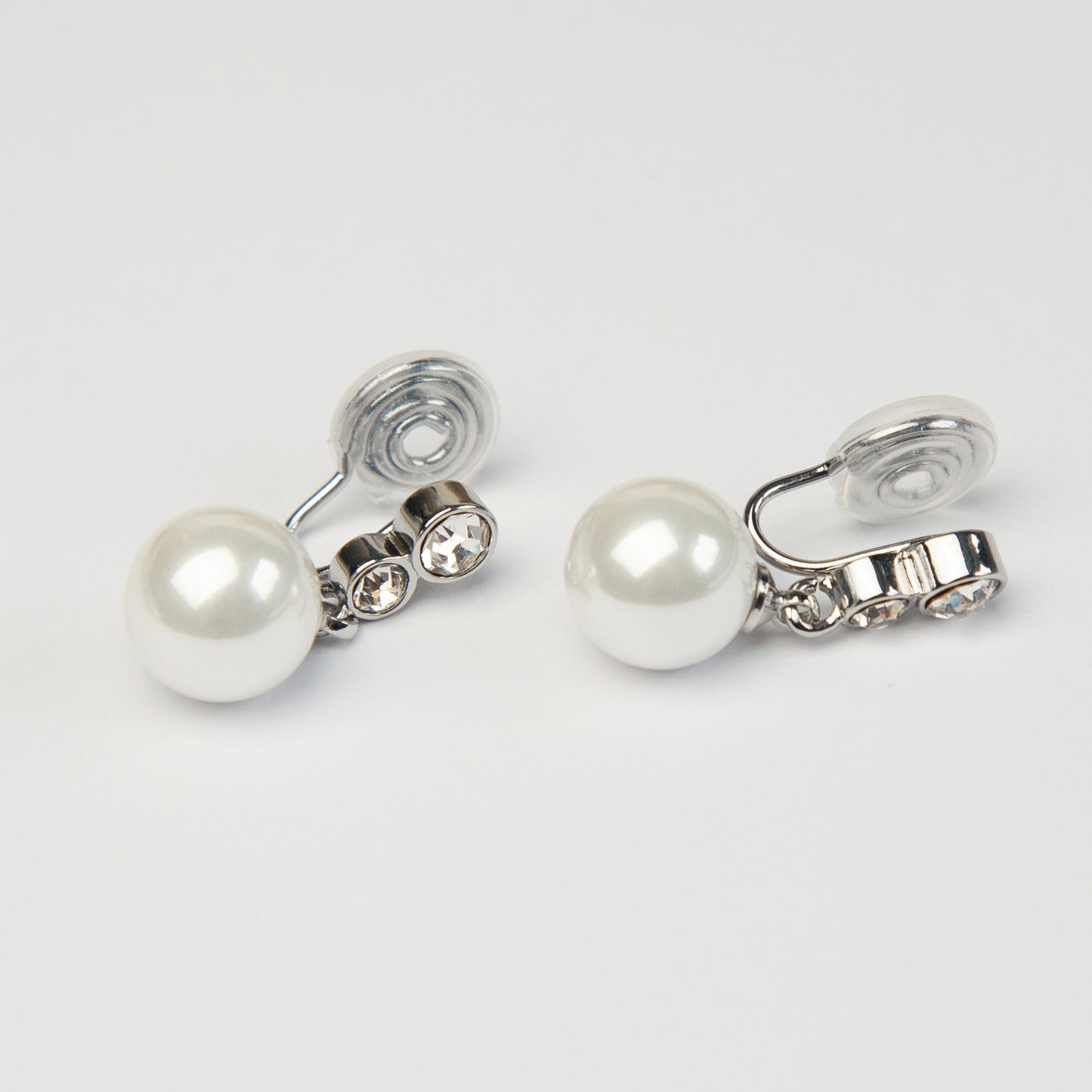 Pearls Dangle Clip On Earrings With CZ, White Pearl Drop Earring, Silver Pearls Crystal Non Pierced Earring, Wedding Bridal Pearl Earrings