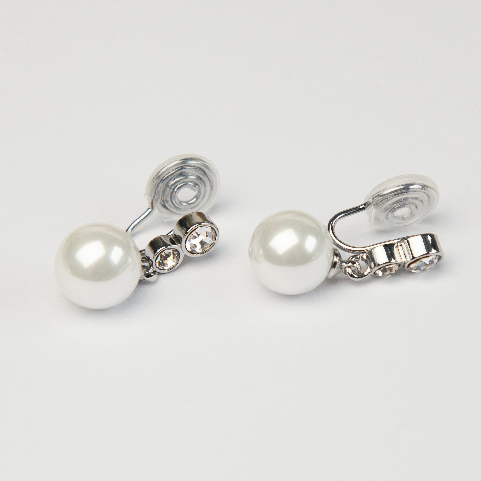 Pearls Dangle Clip On Earrings With CZ, White Pearl Drop Earring, Silver Pearls Crystal Non Pierced Earring, Wedding Bridal Pearl Earrings