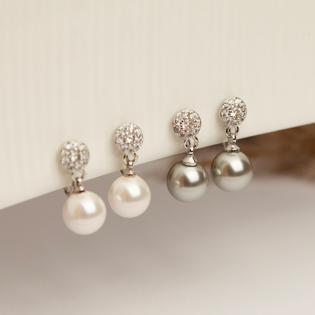 Pearls Dangle Clip On Earrings with Silver Round Pave Diamond, Bridesmaids CZ Crystals Dangle Pearls Non Pierced Earrings