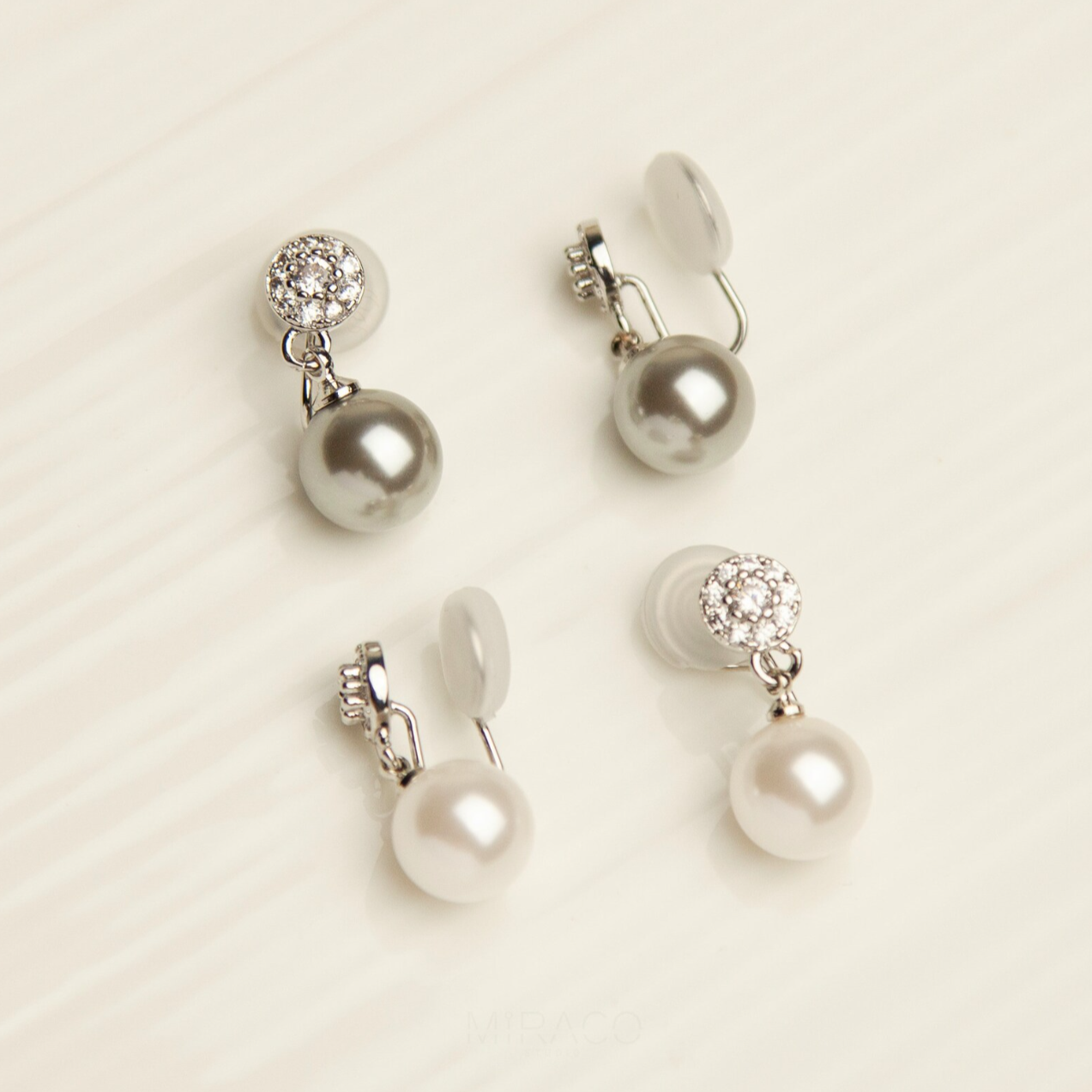 Pearls Dangle Clip On Earrings with Silver Round Pave Diamond, Bridesmaids CZ Crystals Dangle Pearls Non Pierced Earrings