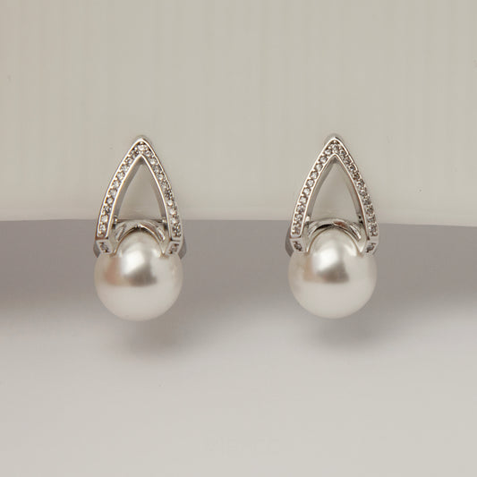 Pearls Dangle Clip On Earrings with Silver Triangle Pave Diamond, CZ Crystals Pearls Stud Earrings, Non Pierced Earrings, Pearl Jewellery