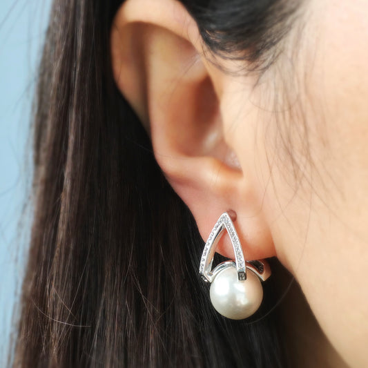 Pearls Dangle Clip On Earrings with Silver Triangle Pave Diamond, CZ Crystals Pearls Stud Earrings, Non Pierced Earrings, Pearl Jewellery