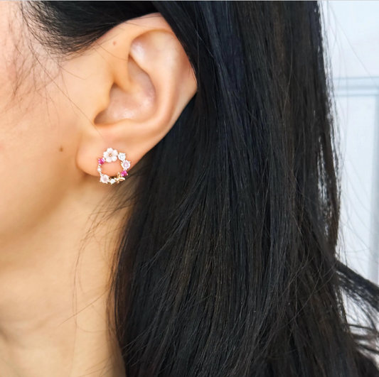 Pink Crystal Floral Open Round Earrings, Rose Gold Plated CZ Circle Stud Earrings, Gemstone Wreath Clip On Earrings, Non Pierced Earrings