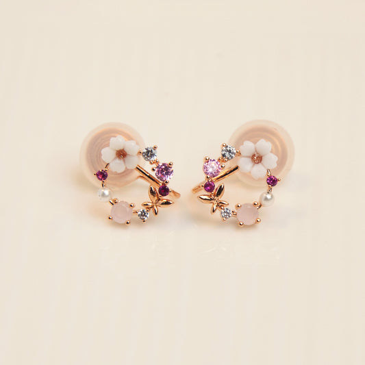 Pink Crystal Floral Open Round Earrings, Rose Gold Plated CZ Circle Stud Earrings, Gemstone Wreath Clip On Earrings, Non Pierced Earrings