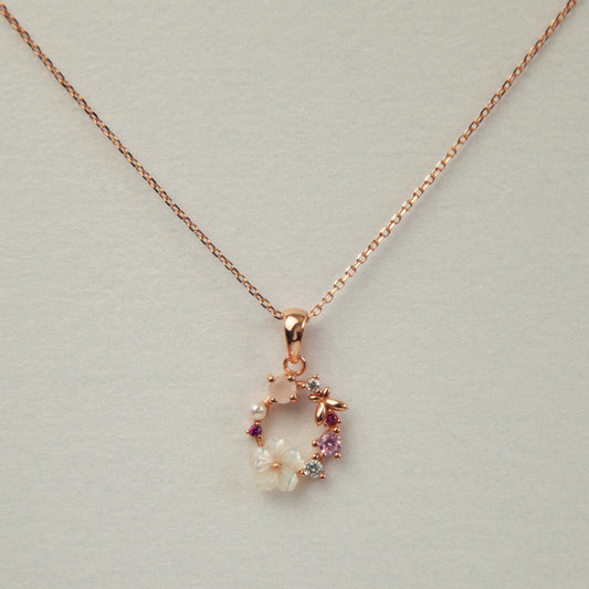 Pink Dainty CZ Rose Necklace, Plant Necklace, Flower Wreath Pendant, Gift for Her