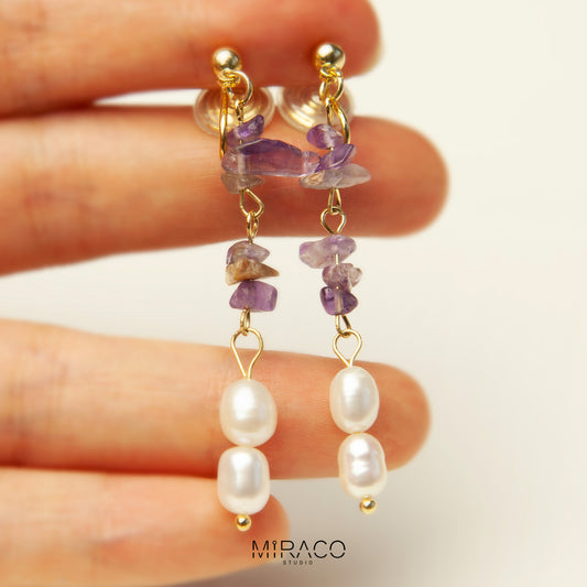 Purple Stone Freshwater Pealrs Earrings, Non Pierced Long Chain Tassel Purple Earrings