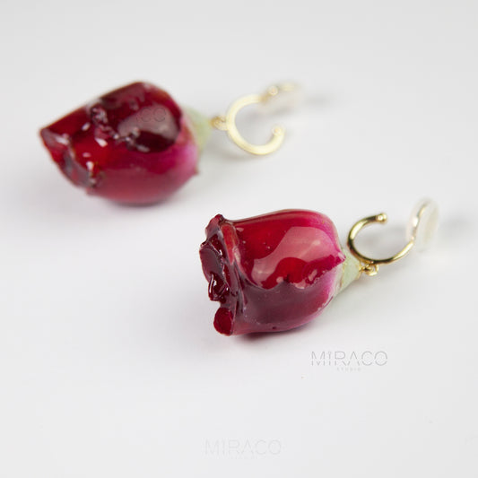 Real Rose Flower Dangle Hoop Earrings, Floral Resin Earrings, Purple Pink Floral Rosebuds Earrings