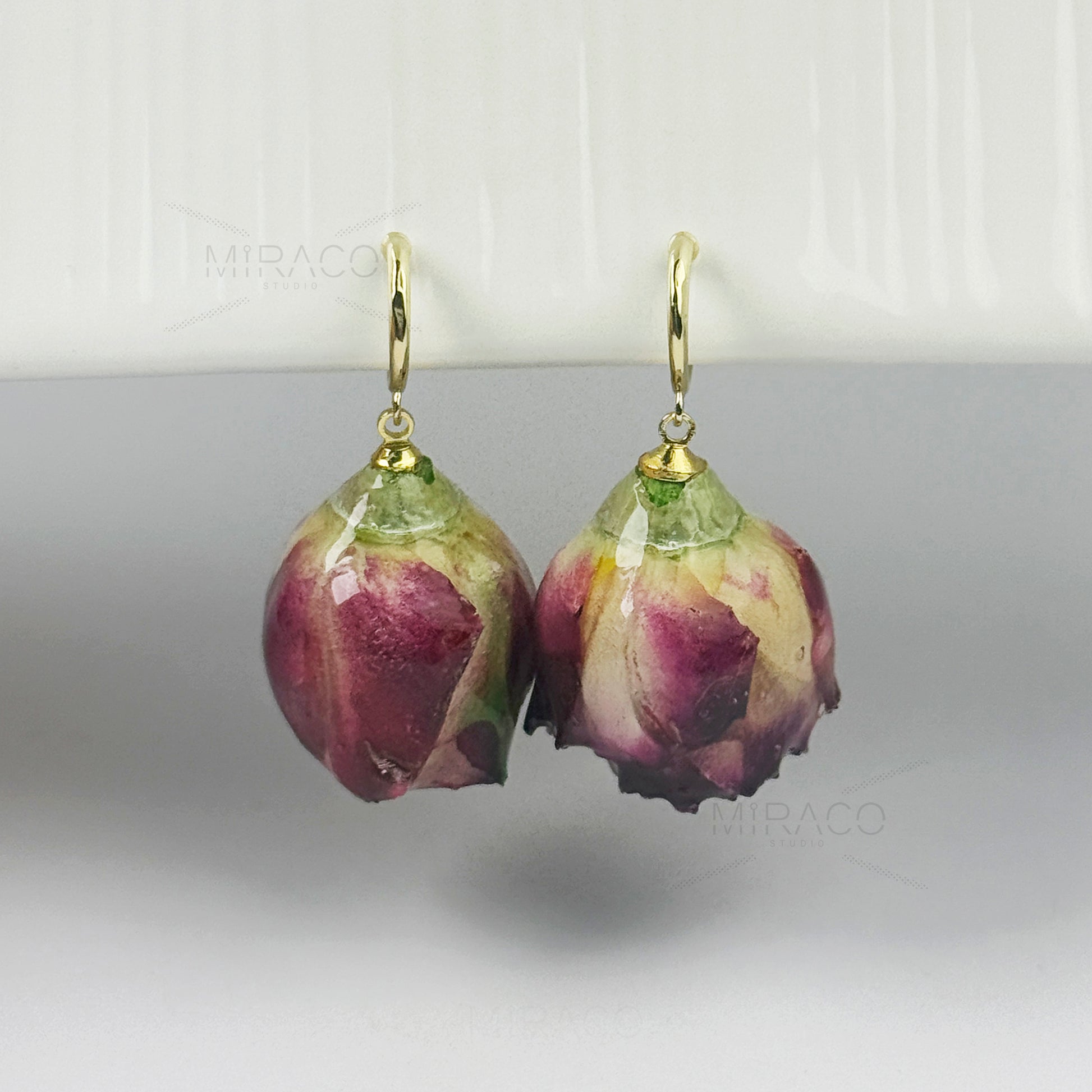 Real Rose Flower Dangle Hoop Earrings, Floral Resin Earrings, Purple Red Floral Rosebuds Earrings
