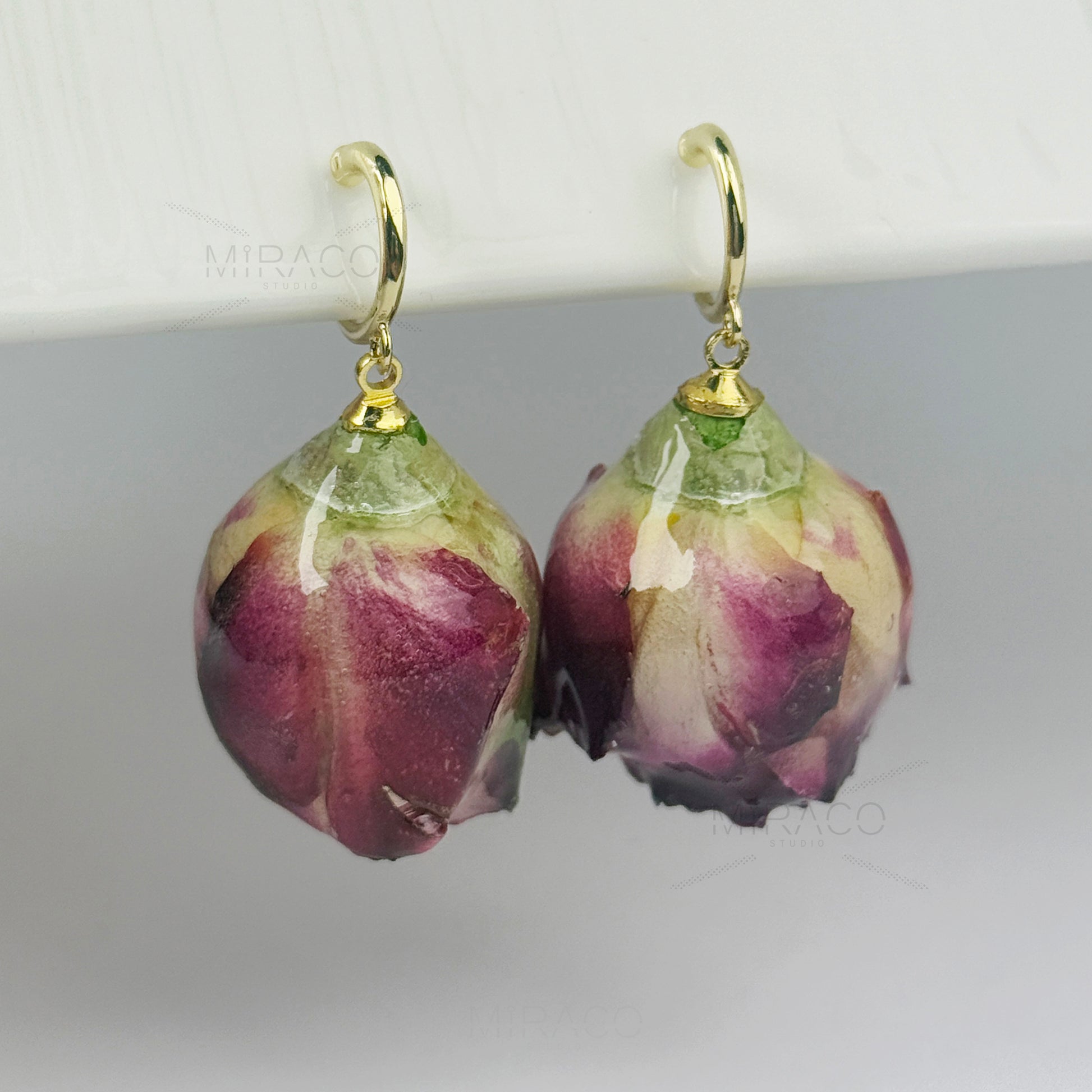 Real Rose Flower Dangle Hoop Earrings, Floral Resin Earrings, Purple Red Floral Rosebuds Earrings