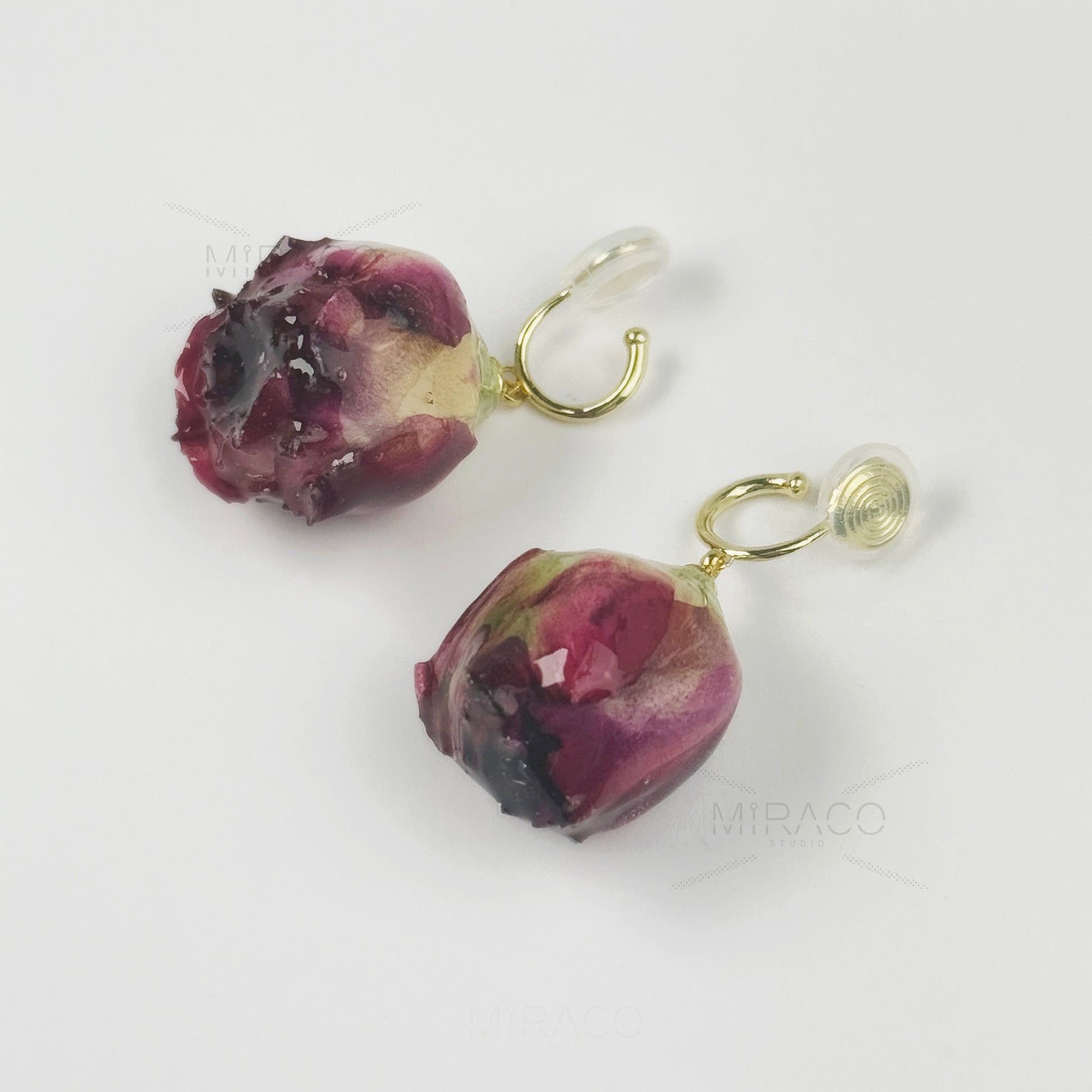 Real Rose Flower Dangle Hoop Earrings, Floral Resin Earrings, Purple Red Floral Rosebuds Earrings