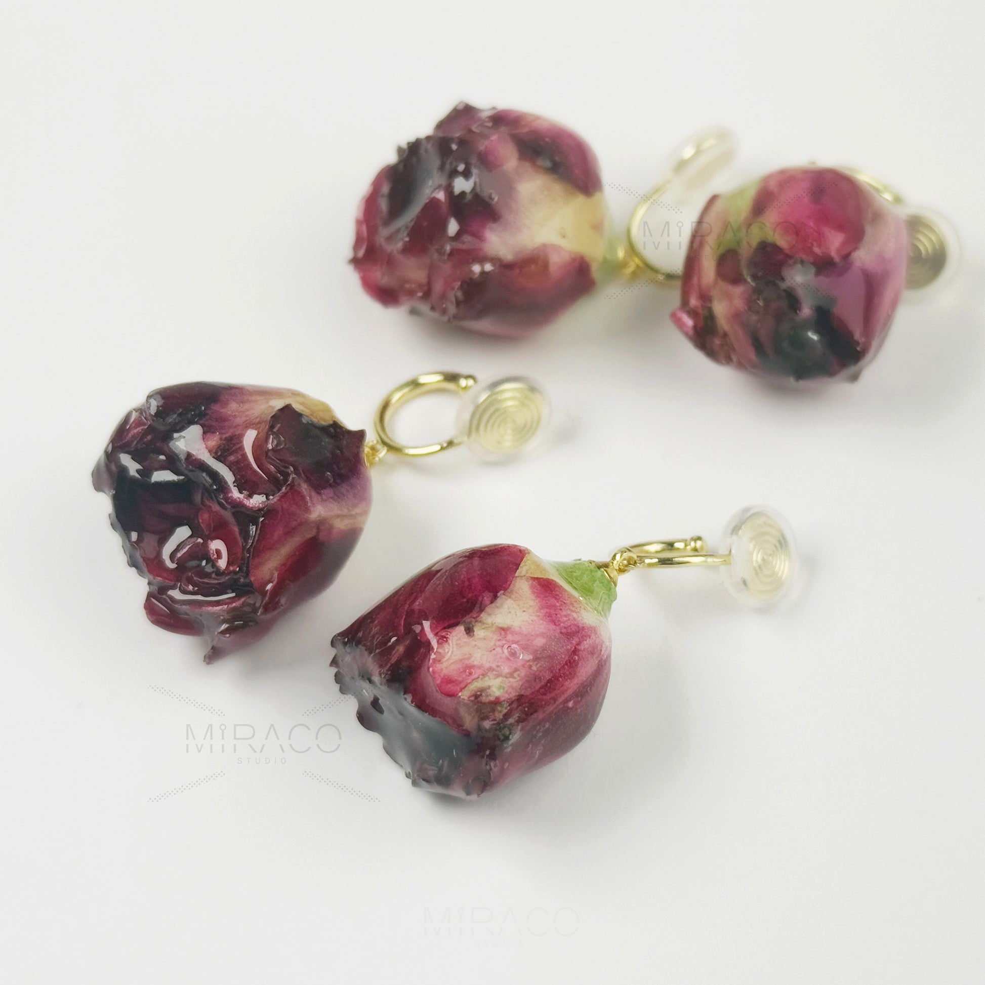 Real Rose Flower Dangle Hoop Earrings, Floral Resin Earrings, Purple Red Floral Rosebuds Earrings