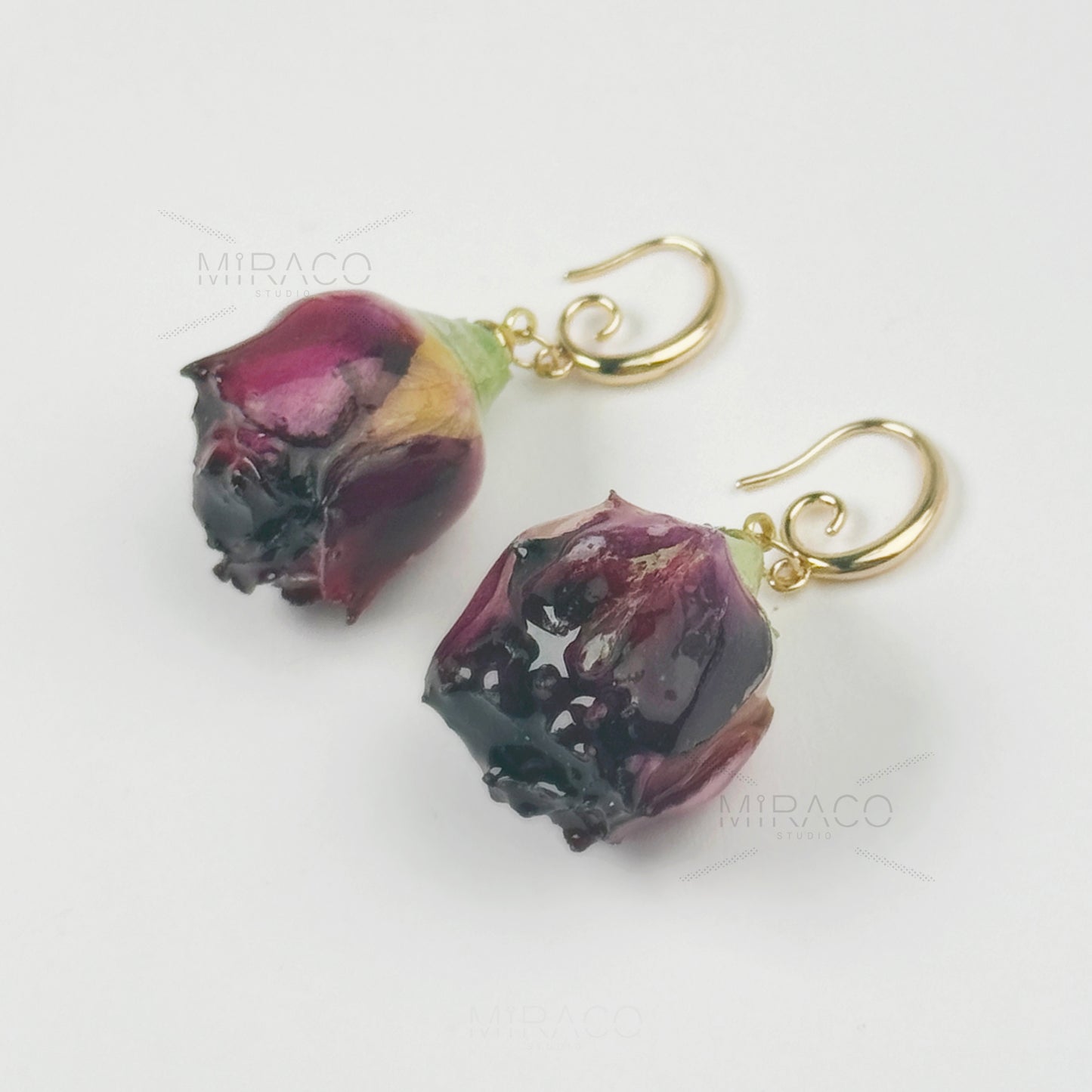 Real Rose Flower Dangle Hoop Earrings, Floral Resin Earrings, Purple Red Floral Rosebuds Earrings