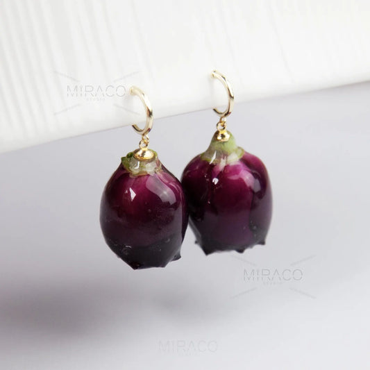 Real Rose Flower Dangle Hoop Earrings, Floral Resin Earrings, Red Purple Floral Rosebuds Earrings &nbsp;(flowers naturally unique and may exhibit slight variations in size, shape, and colour.)