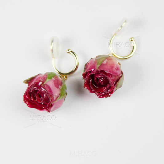 Real Rose Flower Dangle Hoop Earrings, Floral Resin Earrings, Purple Pink Floral Rosebuds Earrings