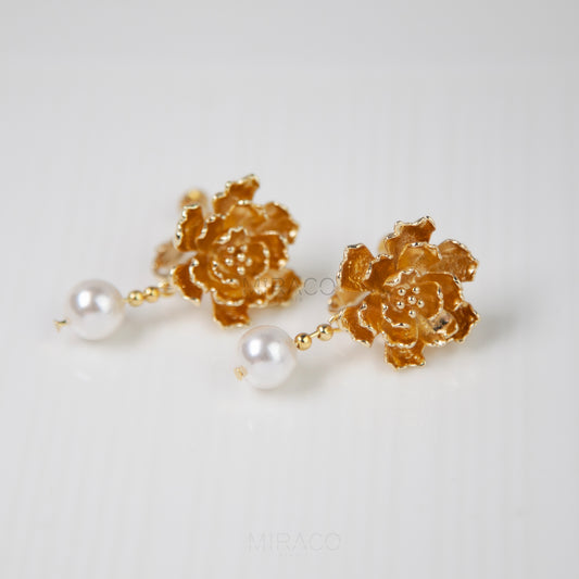 Screw Back Large Peonies Dangle Pearls Non Pierced Earrings,White Pearls Gold Flower Earrings
