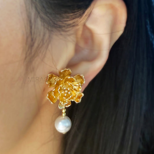 Screw Back Large Peonies Dangle Pearls Non Pierced Earrings,White Pearls Gold Flower Earrings