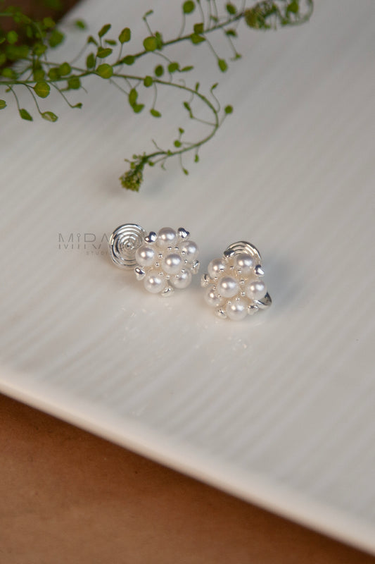 Silver-Tone Pearl Stud Earrings, Cream White Heart Floral Pearl Studs, Non Pierced Earrings
