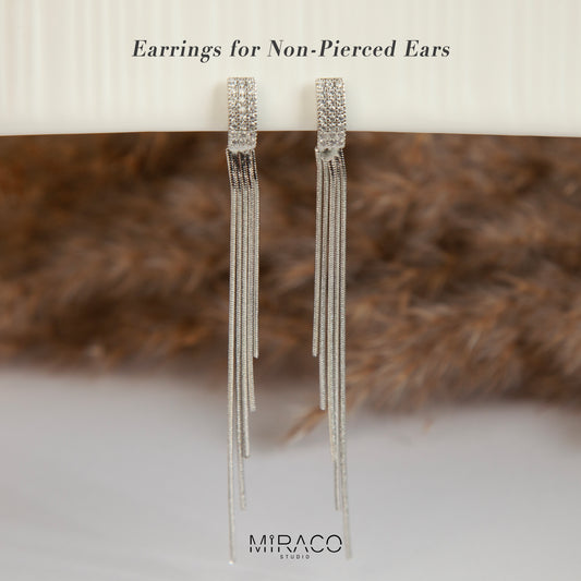 Silver Colour CZ Minimalist Earrings, Non Pierced Long Chain Tassel Earrings, Crystal Ear Clips
