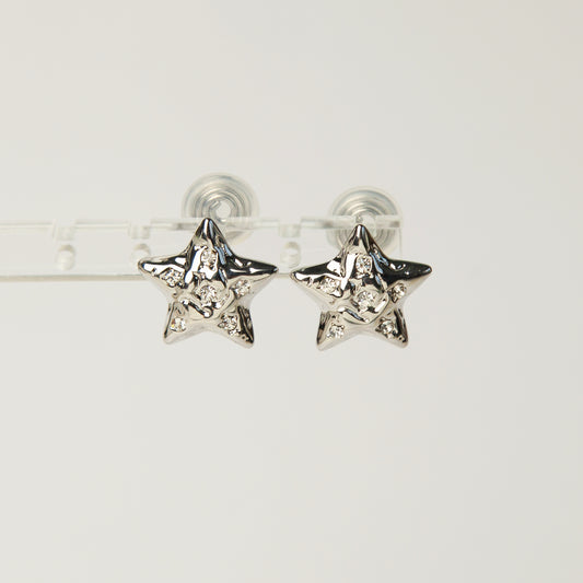 Silver Colour Clip On Star Stud Earrings, Five Points Star Stud Earrings with CZ Diamonds, Silver Star Clip On Earrings, Non Pierced Earrings