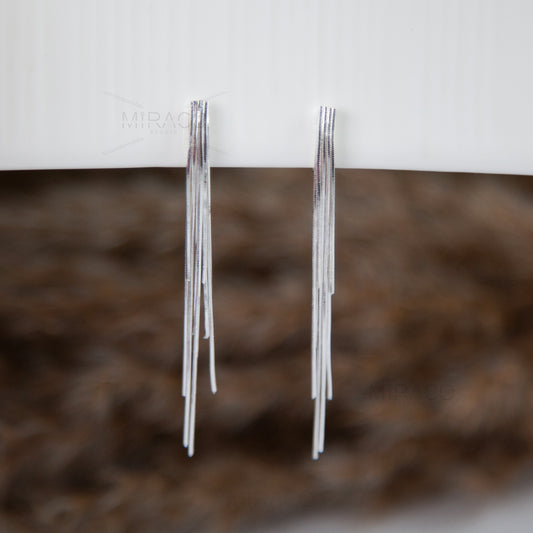 Silver Colour Minimal Dangle Drop Non-Pierced Long Chain Earrings, Coil Back Waterfall Fringe Earrings