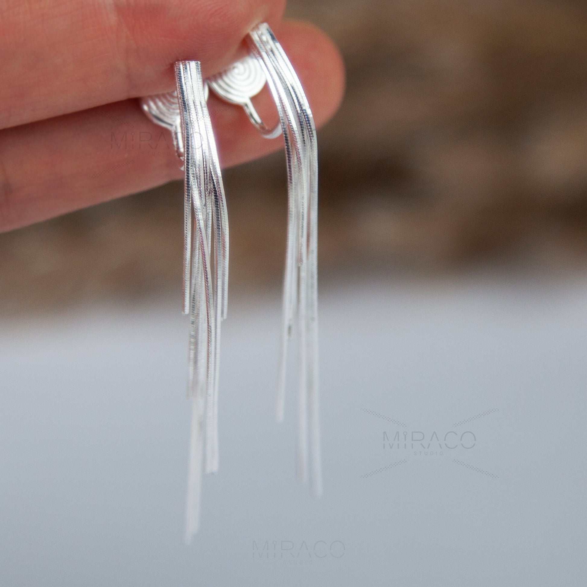 Silver Colour Minimal Dangle Drop Non-Pierced Long Chain Earrings, Coil Back Waterfall Fringe Earrings