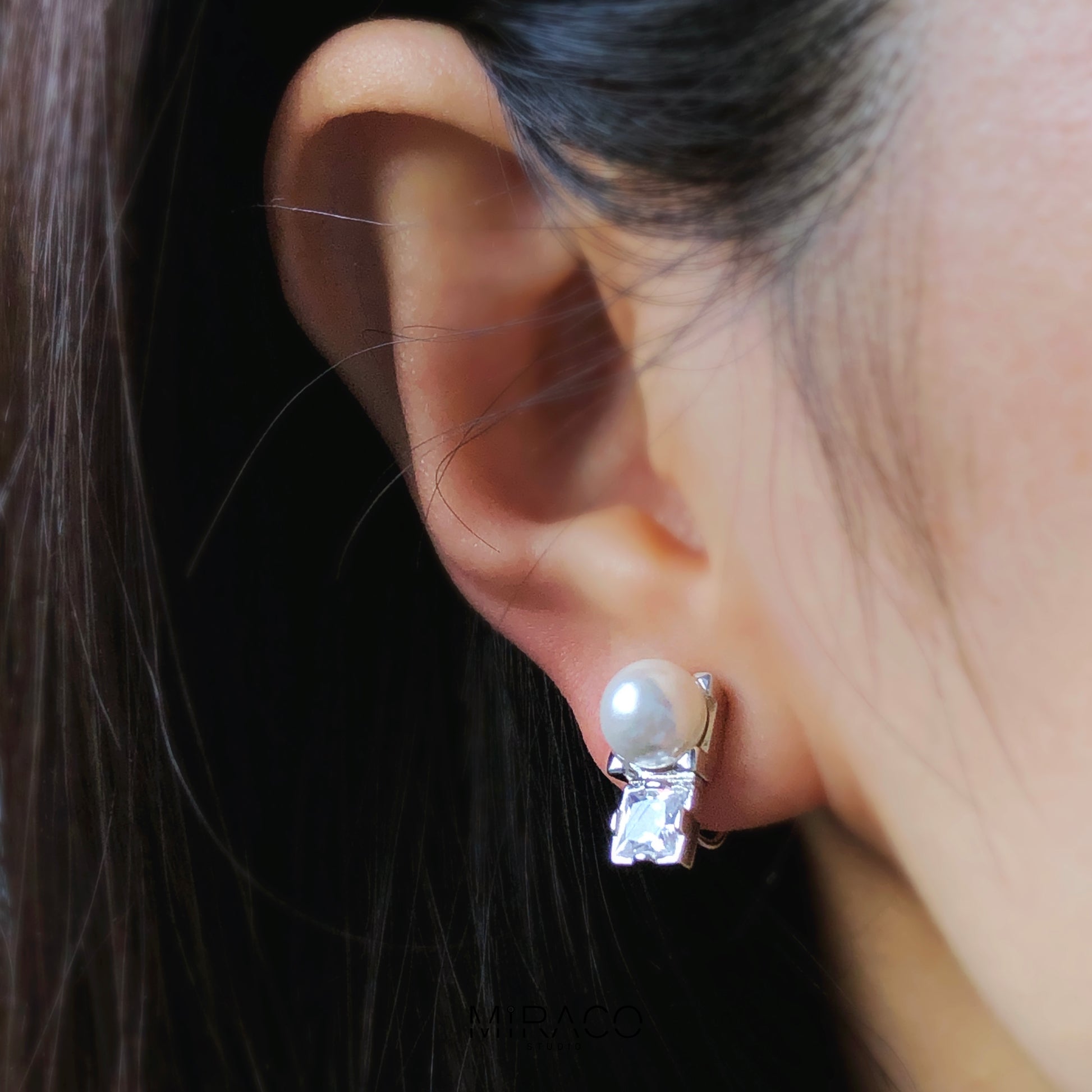 Silver Crystal Clip On Stud, Non Pierced Earrings, White Pearl Ear Clip Studs, Bridal Studs