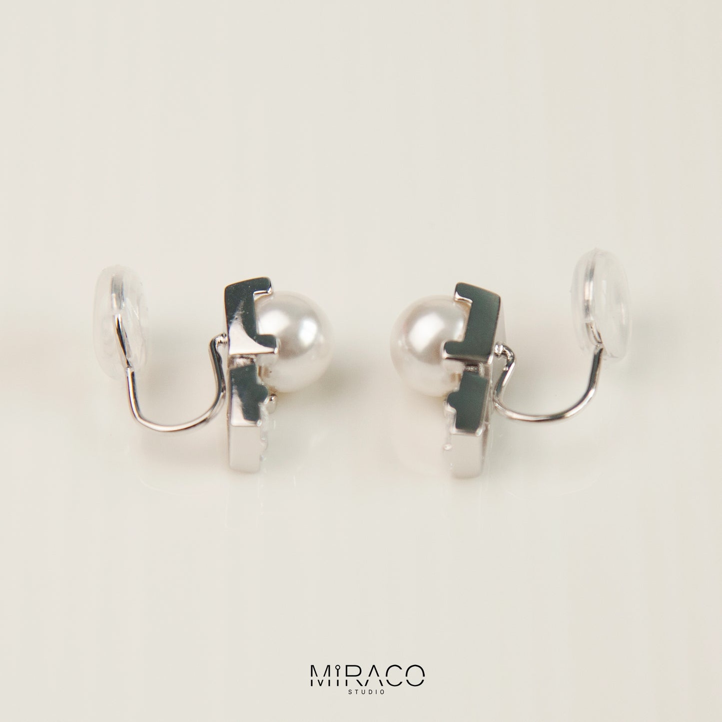 Silver Crystal Clip On Stud, Non Pierced Earrings, White Pearl Ear Clip Studs, Bridal Studs