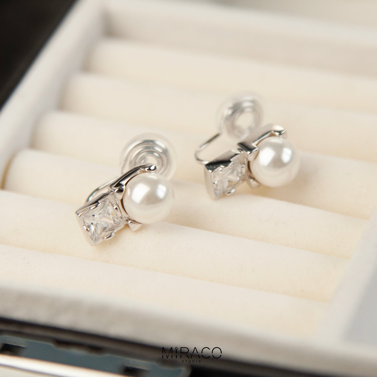 Silver Crystal Clip On Stud, Non Pierced Earrings, White Pearl Ear Clip Studs, Bridal Studs