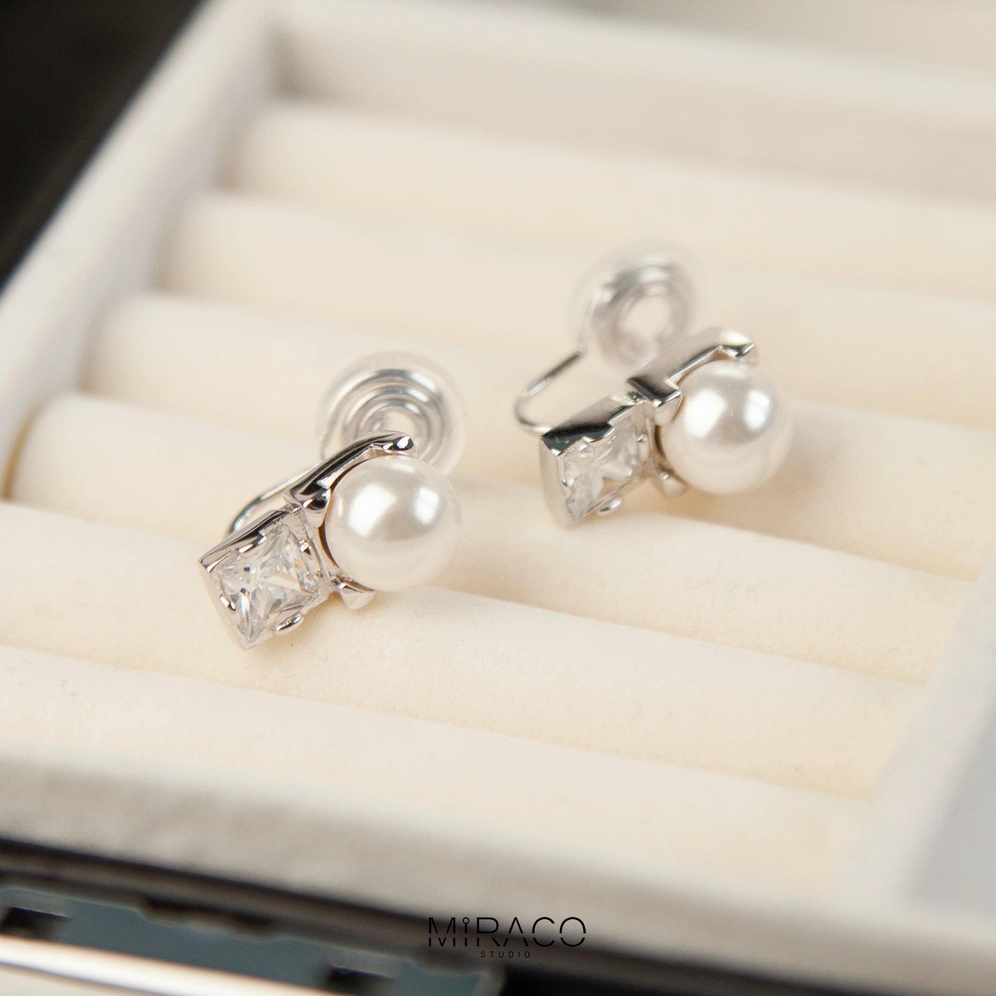 Silver Crystal Clip On Stud, Non Pierced Earrings, White Pearl Ear Clip Studs, Bridal Studs