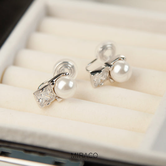 Silver Crystal Clip On Stud, Non Pierced Earrings, White Pearl Ear Clip Studs, Bridal Studs