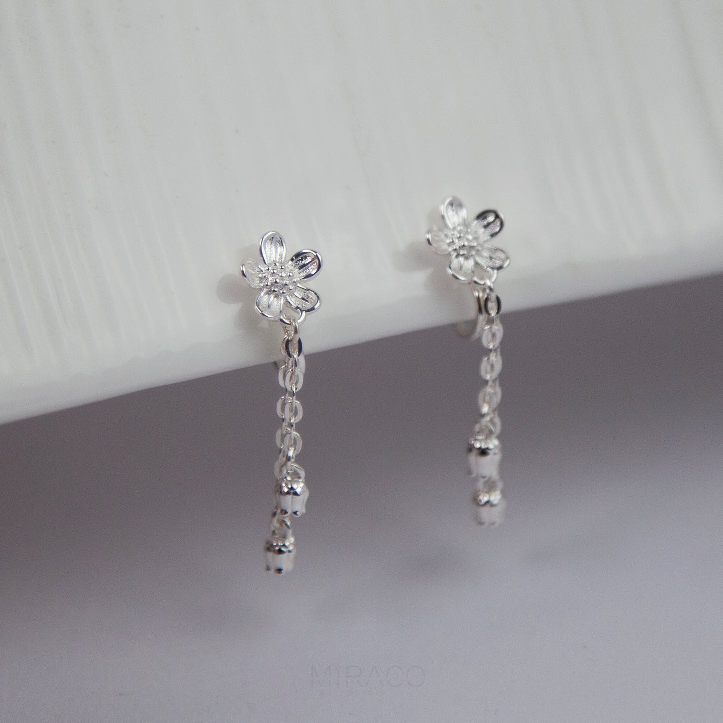 Silver Daisy Flower Drop Earrings with Tassels, Dainty Flower Drop &amp; Dangle Non Pierced Earrings