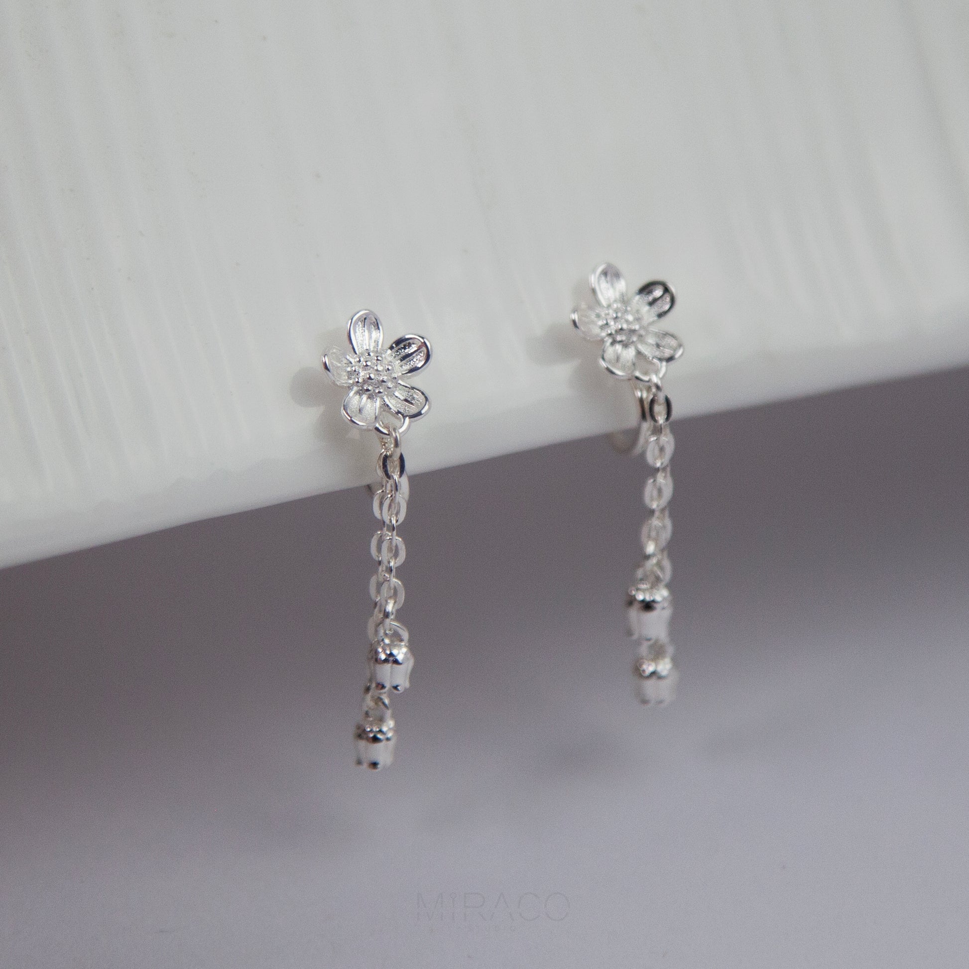 Silver Daisy Flower Drop Earrings with Tassels, Dainty Flower Drop &amp; Dangle Non Pierced Earrings