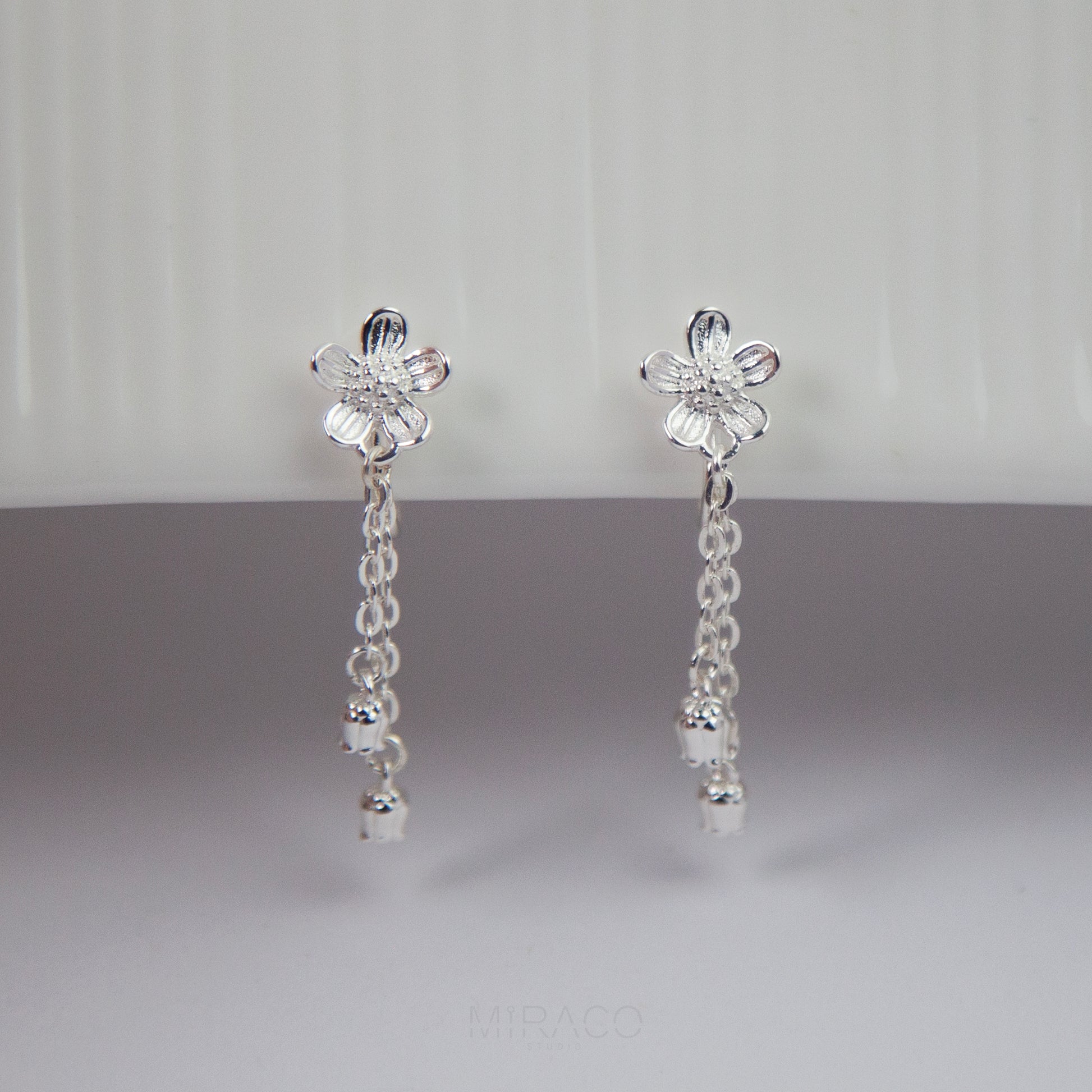 Silver Daisy Flower Drop Earrings with Tassels, Dainty Flower Drop &amp; Dangle Non Pierced Earrings