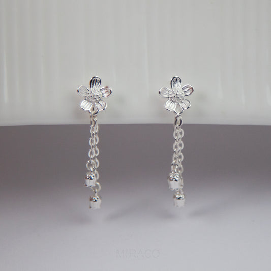 Silver Daisy Flower Drop Earrings with Tassels, Dainty Flower Drop &amp; Dangle Non Pierced Earrings