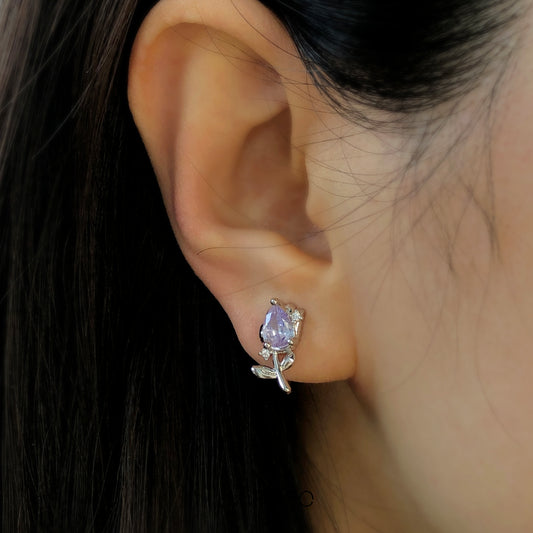 Silver Flower CZ Stud Earrings, Lilac Gemstone Floral Stud Earrings, Clip On Earrings, Non Pierced Earrings