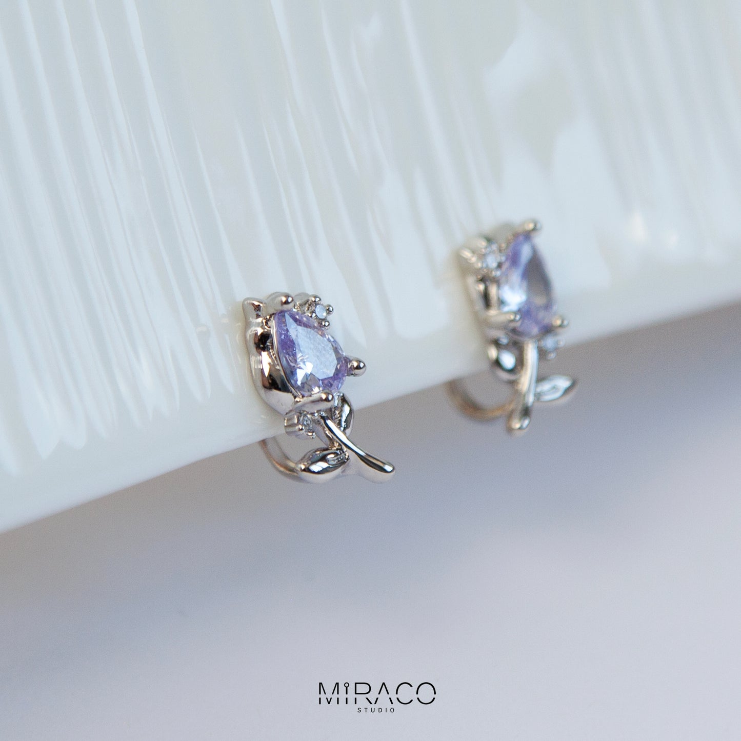 Silver Flower CZ Stud Earrings, Lilac Gemstone Floral Stud Earrings, Clip On Earrings, Non Pierced Earrings