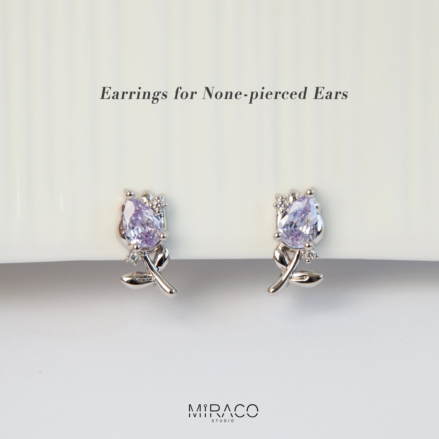 Silver Flower CZ Stud Earrings, Lilac Gemstone Floral Stud Earrings, Clip On Earrings, Non Pierced Earrings