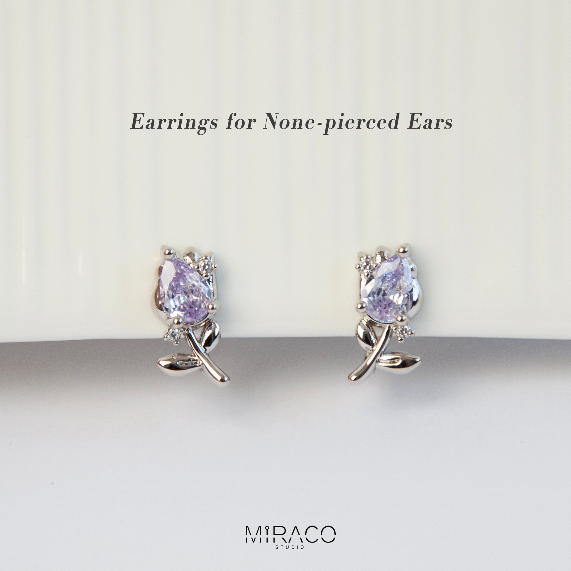 Silver Flower CZ Stud Earrings, Lilac Gemstone Floral Stud Earrings, Clip On Earrings, Non Pierced Earrings