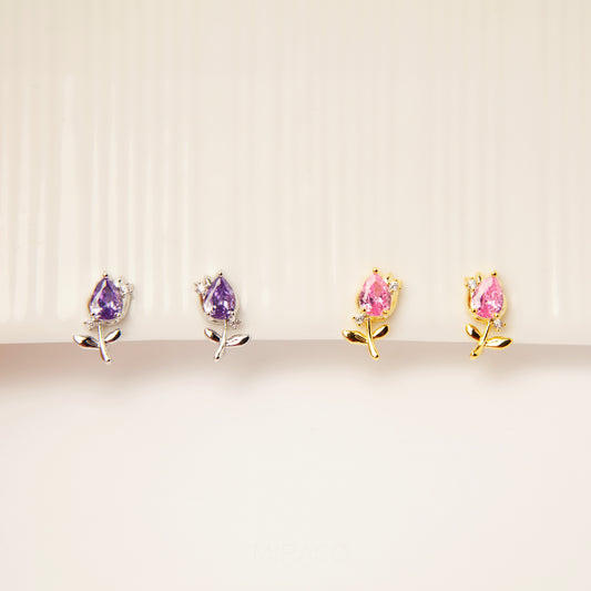 Silver Flower CZ Stud Earrings, Lilac Gemstone Floral Stud Earrings, Clip On Earrings, Non Pierced Earrings