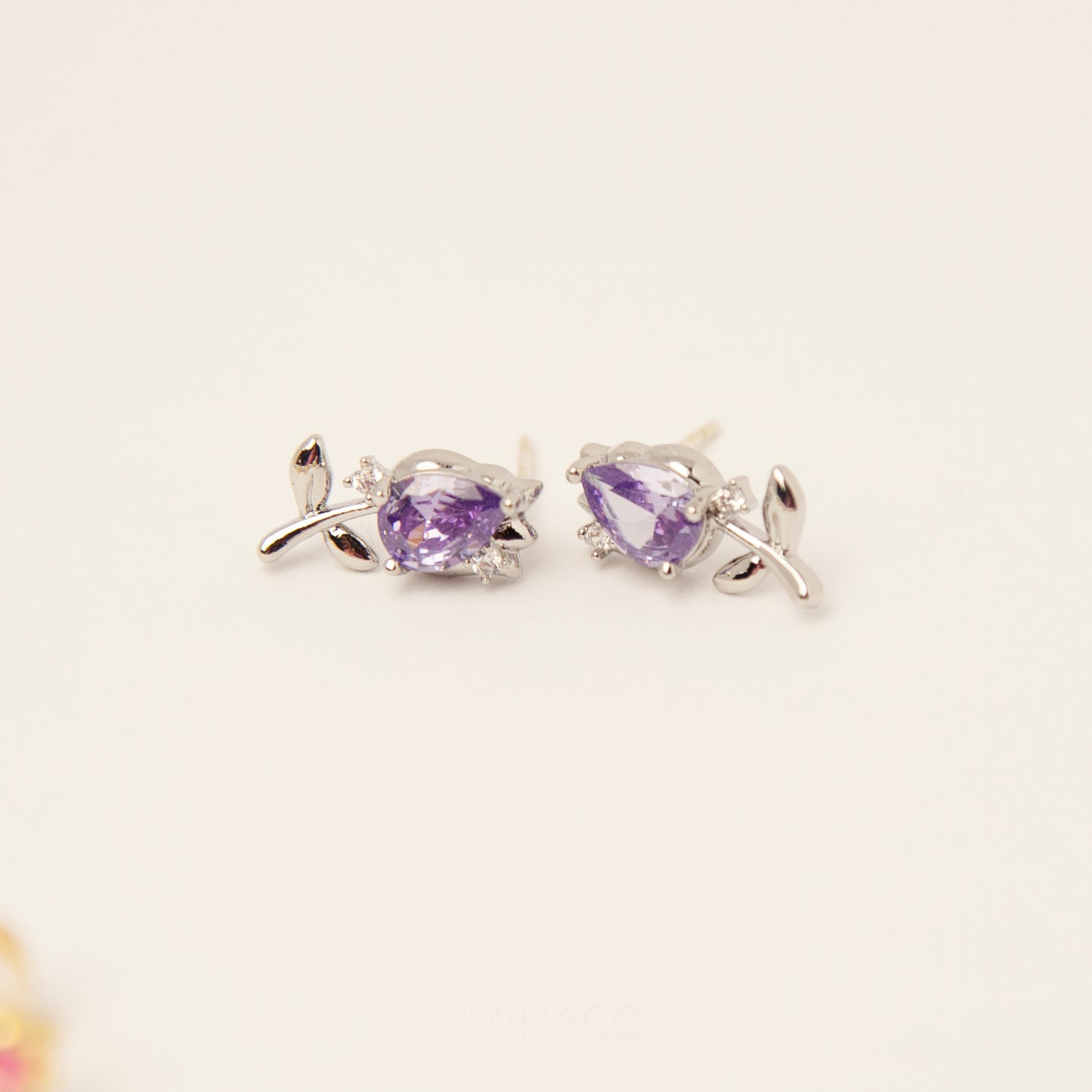 Silver Flower CZ Stud Earrings, Lilac Gemstone Floral Stud Earrings, Clip On Earrings, Non Pierced Earrings
