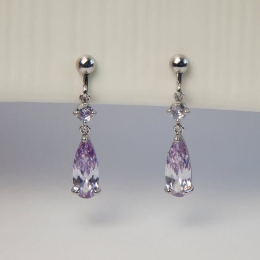 Silver Purple Crystal Dangle Teardrop Diamonds Wedding Earrings Screw Back Non Pierced or Pierced