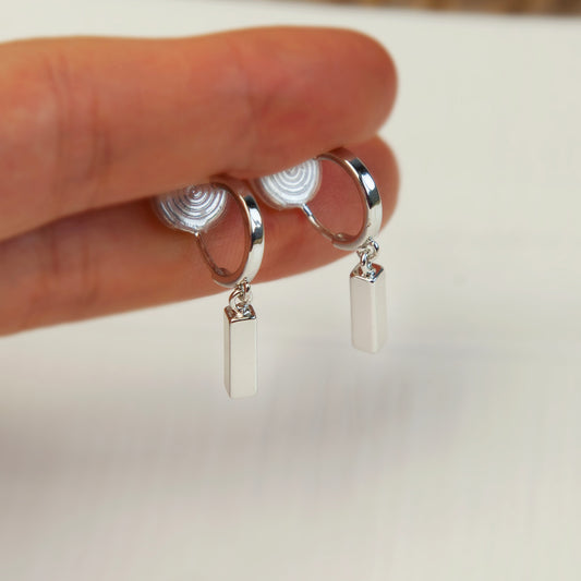 Silver Small Hoop Dangle Earrings with Rectangle Cubes, Invisible Clip On Drop Earrings, Non Pierced Minimalist Silver Clip On Earrings