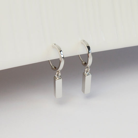 Silver Small Hoop Dangle Earrings with Rectangle Cubes, Invisible Clip On Drop Earrings, Non Pierced Minimalist Silver Clip On Earrings