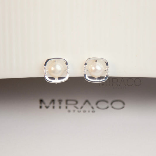 Square Freshwater Pearls Earring, Pain-free Non Pierced Square Circle Small Pearl Bridal Stud